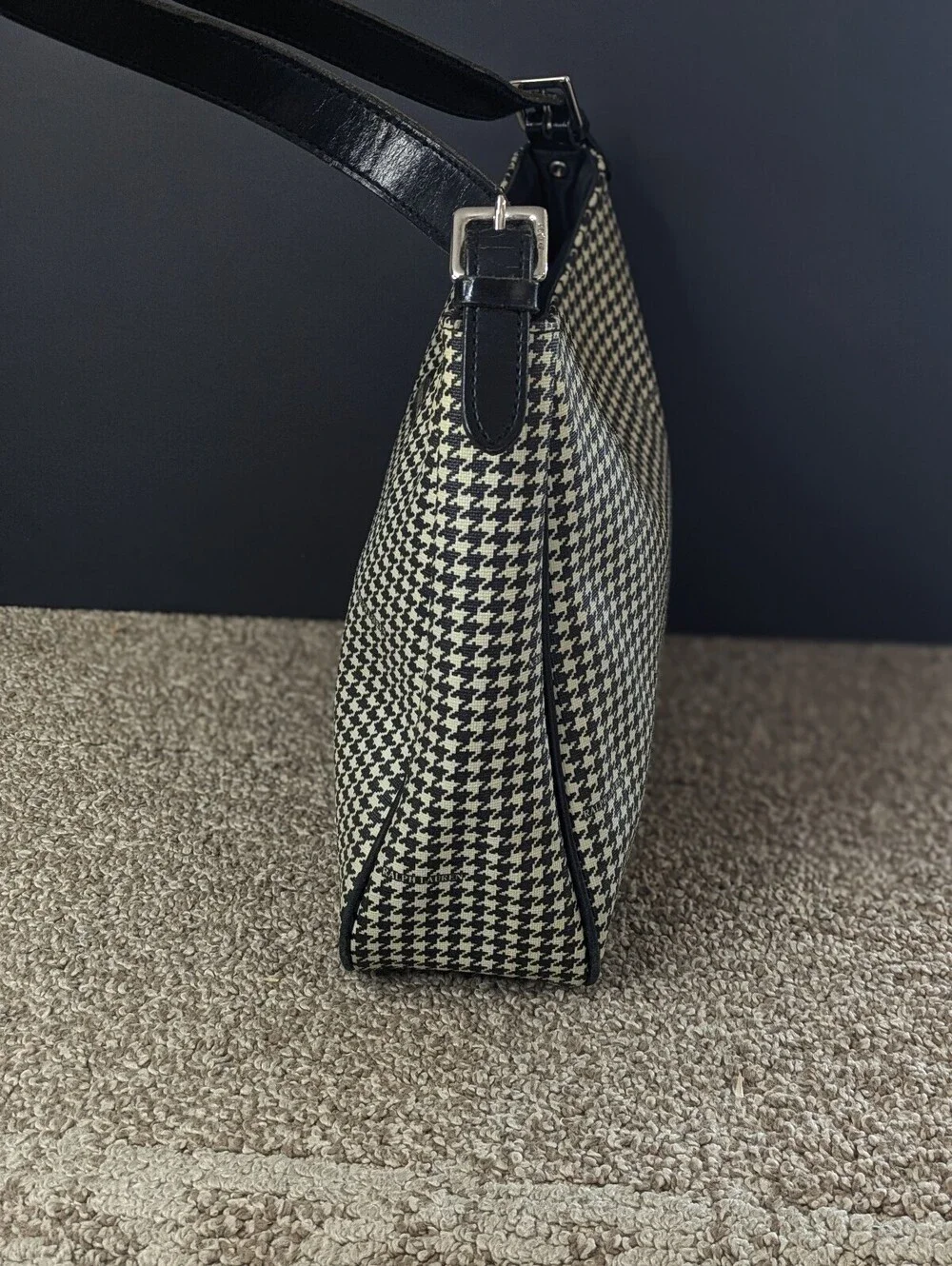 Ralph Lauren Y2K Houndstooth Shoulder Bag Black Cream Leather Trim
